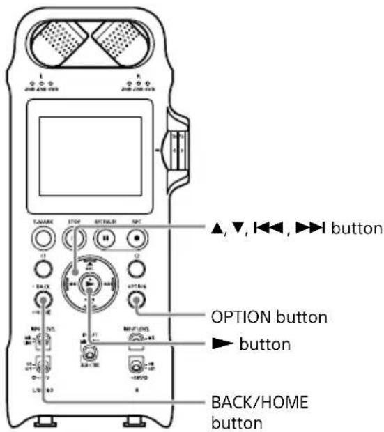▲,▼,I◄◄,►►I button OPTION button button BACK/HOME button
