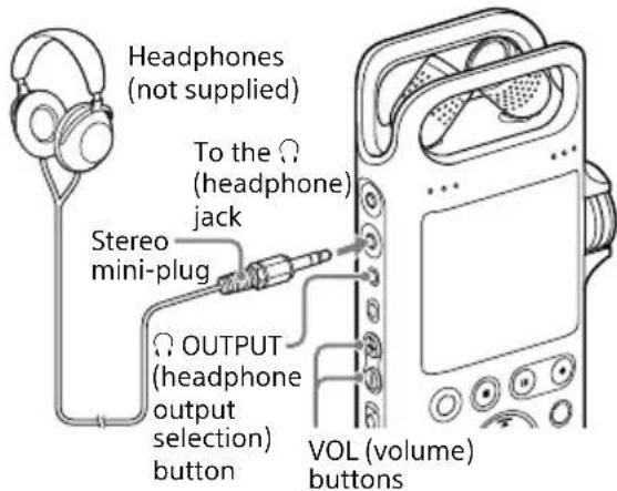 Headphones (not supplied) To the Ω (headphone) jack Stereo mini-plug OUTPUT (headphone output selection) button VOL (volume) buttons
