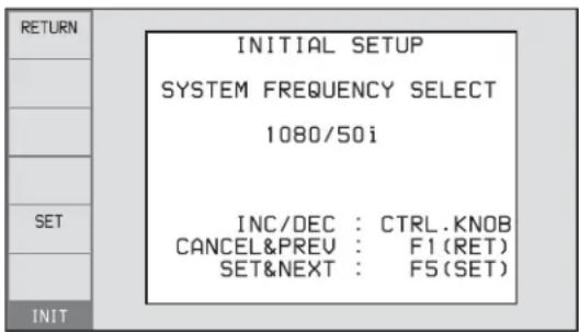 RETURN INITIAL SETUP SYSTEM FREQUENCY SELECT 1080/50i INC/DEC : CTRL.KNOB CANCEL&PREV : F1(RET) SET&NEXT : F5(SET) INIT