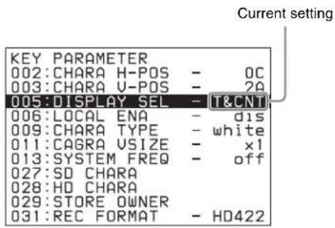 KEY PARAMETER 002:CHARA H-POS - 0C 003:CHARA V-POS - 2A 005:DISPLAY SEL - T&CNT 006:LOCAL ENA - dis 009:CHARA TYPE - white 011:CAGRA VSIZE - x1 013:SYSTEM FREQ - off 027:SD CHARA 028:HD CHARA 029:STORE OWNER 031:REC FORMAT - HD422