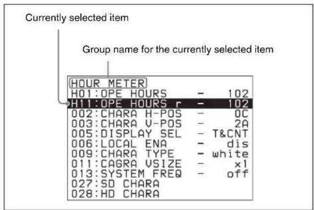 Currently selected item Group name for the currently selected item HOUR METER H01:OPE HOURS - 102 H11:OPE HOURS r - 102 002:CHARA H-POS - 0C 003:CHARA V-POS - 2A 005:DISPLAY SEL - T&CNT 006:LOCAL ENA - dis 009:CHARA TYPE - white 011:CAGRA VSIZE - x1 013:SYSTEM FREQ - off 027:SD CHARA 028:HD CHARA