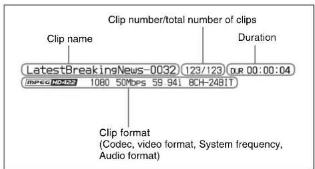 Clip number/total number of clips Clip name LatestBreakingNews-0032 123/123 Duration IMPEG HD422 1080 50Mbps 59.941 8CH-24BIT OUR 00:00:04 Clip format (Codec, video format, System frequency, Audio format)