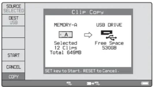 SOURCE SELECTED DEST USB START CANCEL COPY Clip Copy MEMORY-A A Selected 12 Clips Total 649MB USB DRIVE Free Space 530GB SET key to Start. RESET to Cancel.