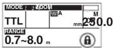 MODE ! ZOOM TTL A M mm 250.0 RANGE 0.7~8.0 m