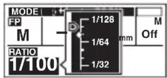MODE FP M RATIO 1/100 1/128 1/64 1/32 mm Off M