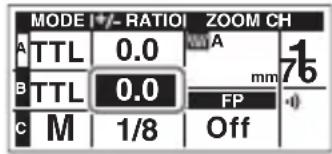 MODE +/- RATIOI ZOOM CH A TTL 0.0 mm A 76 B TTL 0.0 mm C M 1/8 Off