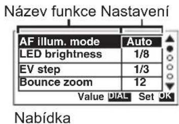 Název funkce Nastavení AF illum. mode Auto LED brightness 1/8 EV step 1/3 Bounce zoom 12 Value DIAL Set OK Nabídka