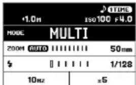 1.0m TIME ISO100 F4.0 MODE MULTI 200M AUTO 50mm $ 1/128 10Hz ±5