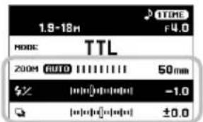 1.8-18m TTL F4.0 MODE: 200M AUTO 50mm $× [●●●●●●●●●●] -1.0 ↓ [●●●●●●●●●●] ±0.0