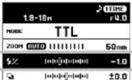 1.8-18m TIME F4.0 MODE TTL 200M AUTO 50mm S/ [0][0][0][0] -1.0 Q [0][0][0][0] ±0.0