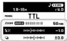 1.8-18m TIME F4.0 MODE: TTL 200M AUTO 50mm % (m)(n)(n)(n) -1.0 Q (m)(n)(n)(n) ±0.0