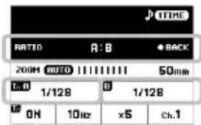 RATIO A: B BACK 200M AUTO 50mm 1:0 1/128 0 1/128 ON 10Hz x5 Ch.1