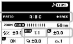 RATIO A: B C BACK 200M AUTO 50mm ±0.0 R/B 1:1 C ±0.0 ON Q ±0.0 ch.1