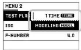 MENU 2 TEST FLR 1 TIME 1TIME ISO MODELING MODEL F-NUMBER 4.0