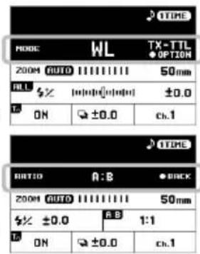 TIME MODE WL TX-TTL ● OPTION 200M AUTO 1111111 50mm ALL ±0.0 L ON ±0.0 ch.1 TIME RATIO A:8 ● BACK 200M AUTO 1111111 50mm ±0.0 R.B 1:1 L ON ±0.0 ch.1