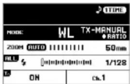 TIME MODE WL TX-MANUAL ●RATIO 2004 AUTO 1111111 50mm ALL 1/128 ON Ch.1