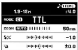 1.9-18m MODE CT TTL 200M AUTO 11111111 50mm $× [■■■■■■■■■■] -1.0 ↓ [■■■■■■■■■■] ±0.0