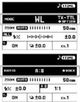 TIME MODE WL TX-TTL OPTION 200M AUTO 11111111 50mm ALL ±0.0 ±0.0 ±0.0 ON ±0.0 ch.1 TIME RATIO A:B ●BACK 200M AUTO 11111111 50mm ±0.0 A:B 1:1 ON ±0.0 ch.1