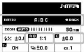 TIME RATIO A: B C • BACK 200M AUTO 50mm ±0.0 A B 1:1 C ±0.0 ON ±0.0 ca.1