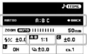 RATIO A: B C • BACK 200M AUTO 11111111 50mm ±0.0 A B 1:1 C ±0.0 ON ±0.0 ca.1