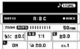 RATIO A: B C • BACK 200M AUTO 50mm ±0.0 A:B 1:1 C ±0.0 ON ▼ ±0.0 ch.1