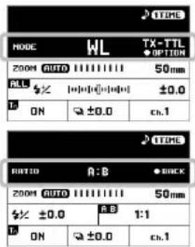 TIME NODE WL TX-TTL OPTION 200M AUTO 11111111 50mm ALL ±0.0 ON ±0.0 ch.1 TIME BUTIO A:B ●BACK 200M AUTO 11111111 50mm ±0.0 A:B 1:1 ON ±0.0 ch.1