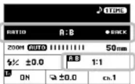 RATIO A:B • BACK 200M AUTO 50mm ±0.0 A B 1:1 ON ±0.0 ch.1