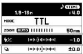 1.9-18m TTL F4.0 MODE TTL 200M AUTO 50mm % [●●●●●●●●●●] -1.0 □ [●●●●●●●●●●] ±0.0