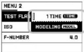 MENU 2 TEST FLAG 1 TIME TIME ISO MODELING MODEL F-NUMBER 4.0