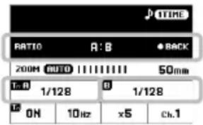 RATIO A: B • BACK 200M AUTO 50mm T: R 1/128 B 1/128 ON 10Hz x5 Ch.1