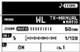 TIME MODE WL TX-MANUAL ●RATIO 200M AUTO 1111111 50mm ALL S [ ] [ ] 1/128 ON C#.1