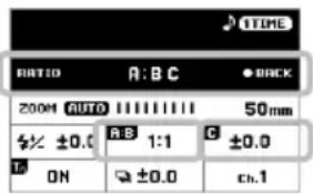 RATIO A:B C • BACK 200M AUTO 50mm ±0.0 A:B 1:1 C ±0.0 ON ±0.0 ch.1