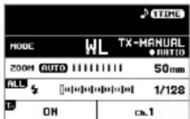 TIME MODE WL TX-MANUAL ●RATIO 200M AUTO 50mm ALL S [●●●●●●●●●●] 1/128 TO ON ca.1
