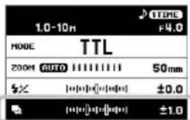 1.0-10n TIME F4.0 MODE TTL 200M AUTO 50mm $× |±0.0 ±1.0