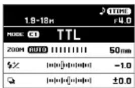 1.8-18h TIME F4.0 MODE: C1 TTL 200M AUTO 1111111 50mm $× (●●●)●●●●● (-1.0) Q (●●●)●●●●● ±0.0