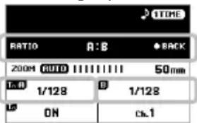 TIME RATIO A:B BACK 200M AUTO 50mm Tn:0 1/128 B 1/128 UP ON C#.1
