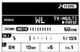 TIME MODE WL TX-MULTI RATIO 200M AUTO 50mm HLL 1/128 ON 10Hz x5 ch.1