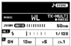 TIME MODE WL TX-MULTI RATIO 200M AUTO 11111111 50mm ALL 4 1/128 ON 10Hz x5 ch.1