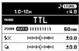 1.0-10m TTL F4.0 MODE 200M AUTO 1111111 50mm $X [0][0][0][0][0] ±0.0 Q [0][0][0][0][0] ±0.0