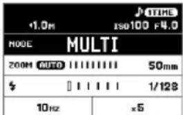 1.0m TIME ISO100 F4.0 MODE MULTI 200M AUTO 50mm $ 1/128 10Hz x5