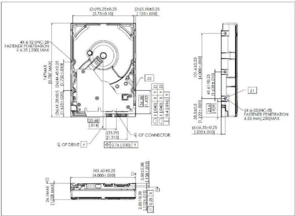 (2x)95.25±0.25 [3.75±0.10] (2x)3.18±0.25 [125±0.010] 4X 6-32 UNC-2B FASTENER PENETRATION ↓6.35 [.250] MAX 147MAX [5.78] MAX (2x)41.28±0.5 [1.625±0.020] (2x)44.45±0.25 [1.750±0.010] Z2 36.38 [1.432] 1 [040] X Y Z1 1 [040] X Y Z2 0.4 [016] Z1 101.6±0.25 [4.000±0.010] 41.61±0.25 [1.638±0.010] 28.5±0.5 [1.22±0.001] [23.6] [929] 6X 6-32UNC-2B FASTENER PENETRATION 6.35 mm [.250] MAX (6x)6.35±0.25 [205±0.010] Q OF CONNECTOR Φ OF DRIVE Y Φ 0.76 [.030] Y 101.60±0.25 [4.000±.010] 26.1MAX [1.028 MAX] 2.85±0.38 [12±0.15] 3.50±0.38 [1.38±0.15] / / 0.25 X