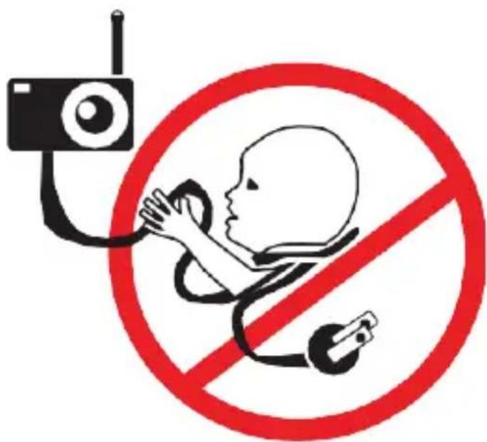 Prohibition sign with a baby using a stethoscope and a radio, featuring a red prohibition symbol.