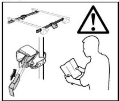 Safety warning illustration showing mechanical device, robot arm, and person reading a document with warning symbol