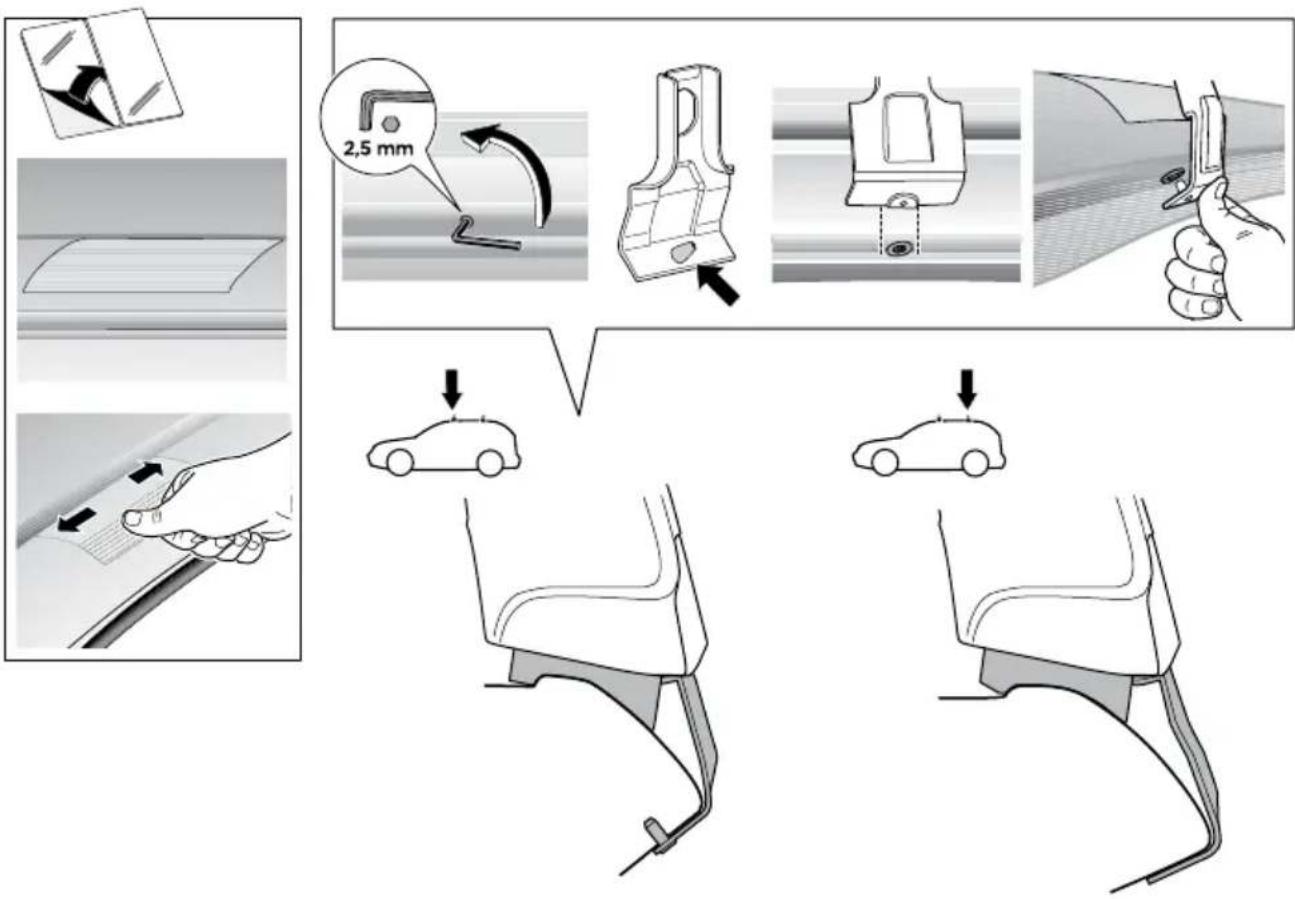 Technical diagram illustrating car seat assembly steps with labeled parts and directional arrows