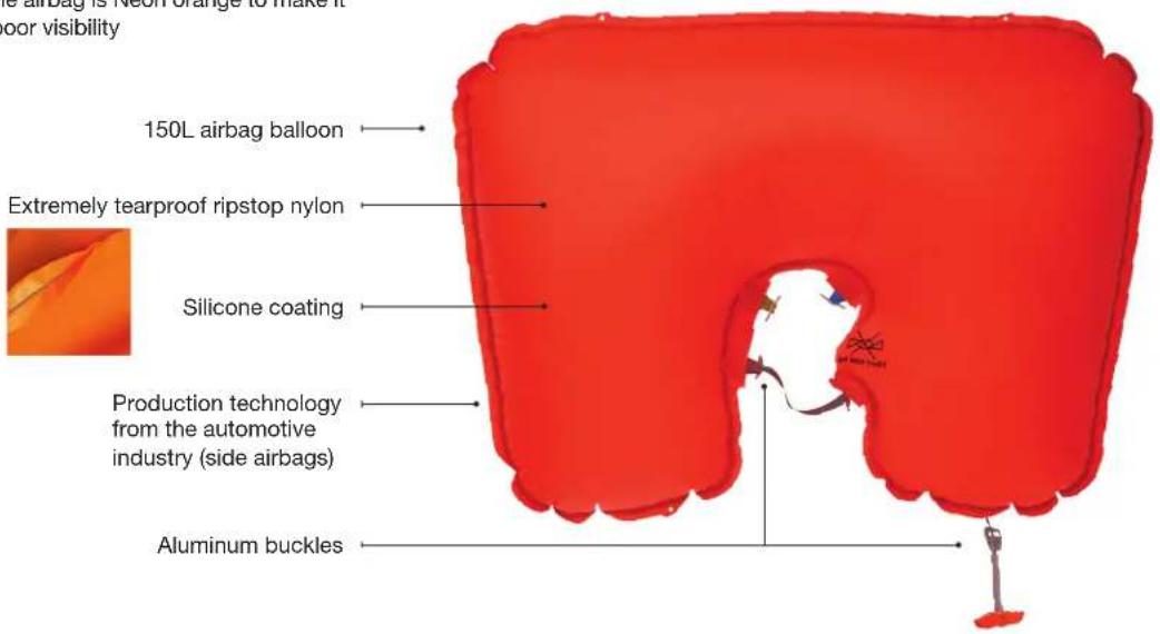 Airbag is Neon Orange to make it poor visibility 150L airbag balloon Extremely tearproof ripstop nylon Silicone coating Production technology from the automotive industry (side airbags) Aluminum buckles