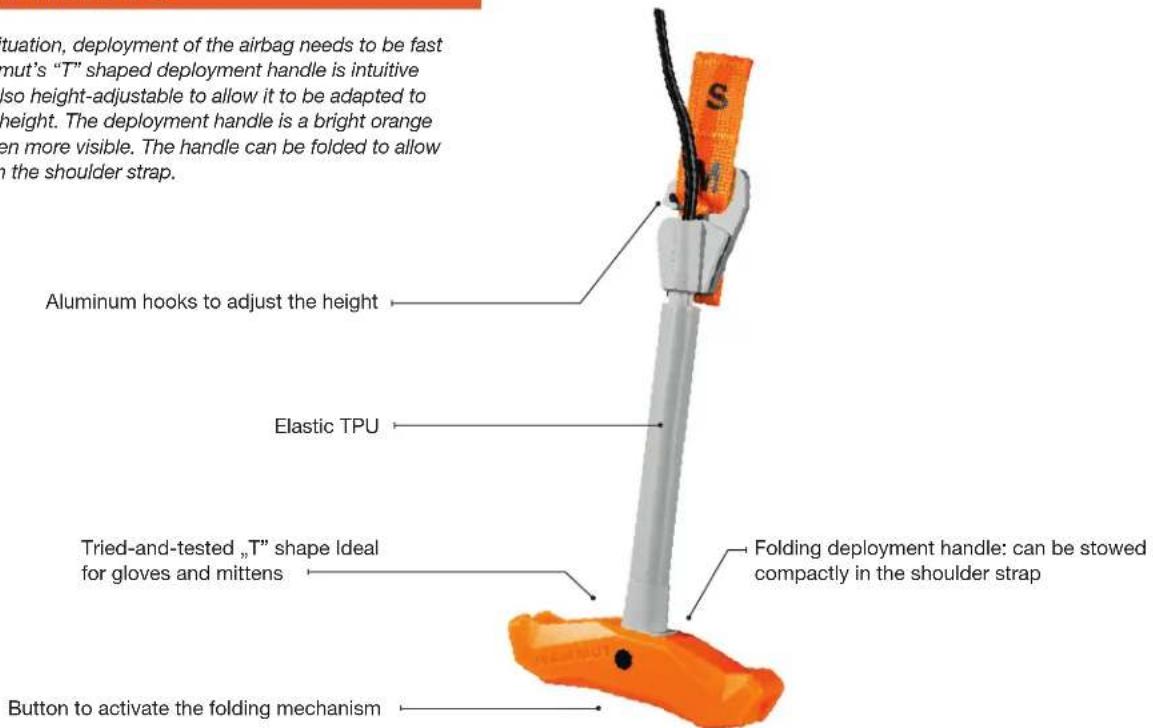 situation, deployment of the airbag needs to be fast mut's "T" shaped deployment handle is intuitive also height-adjustable to allow it to be adapted to height. The deployment handle is a bright orange when more visible. The handle can be folded to allow in the shoulder strap. Aluminum hooks to adjust the height Elastic TPU Tried-and-tested „T" shape Ideal for gloves and mittens Folding deployment handle: can be stowed compactly in the shoulder strap Button to activate the folding mechanism