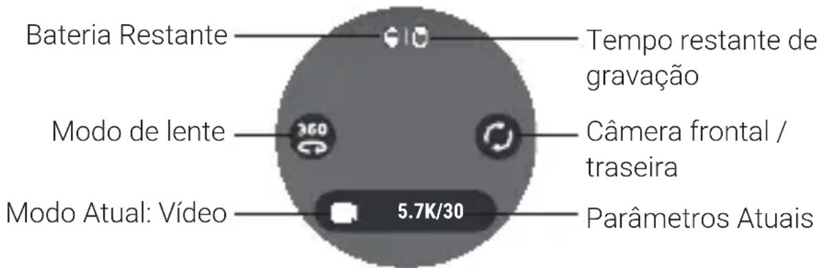 Bateria Restante Tempo restante de gravação Modo de lente Câmera frontal / traseira Modo Atual: Vídeo 5.7K/30 Parâmetros Atuais