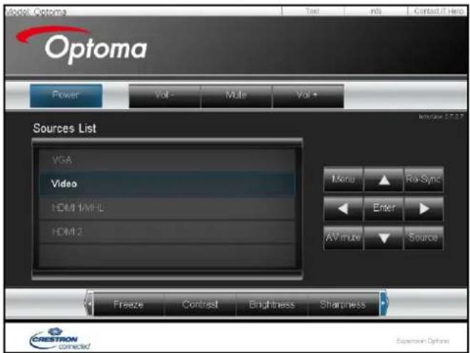 Model Optoma Vol- Mule Vol + Power Sources List VGA Video HDMI/IMHL HDMI2 Menu Re-Sync Enter AV mute Source Freeze Contrast Brightness Sharpness CRESTRON connected Expansion Options