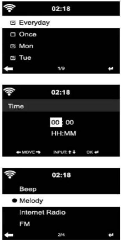 02:18 Everyday Once Mon Tue 1/9 02:18 Time 00:00 HH:MM MOVE INPUT: ↑ ↓ OK 02:18 Beep Melody Internet Radio FM 2/4