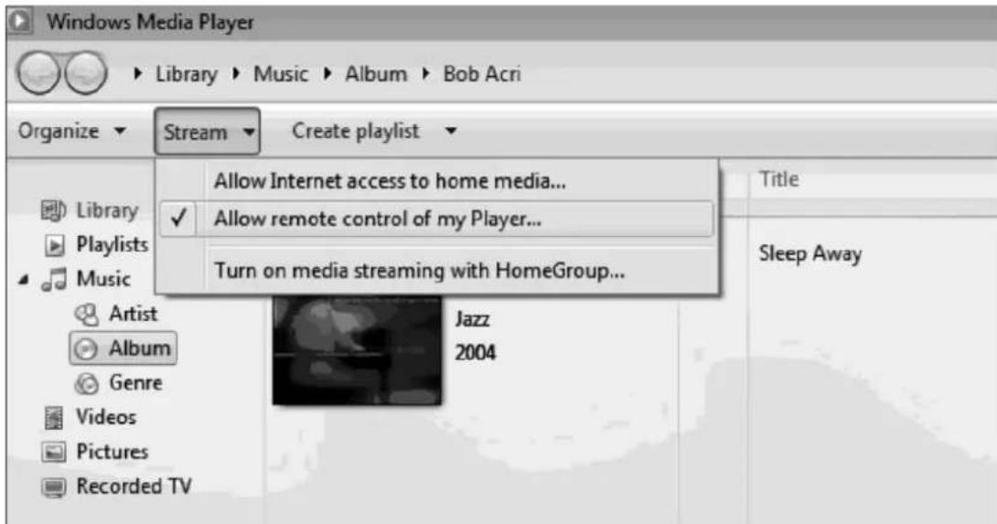 Windows Media Player Library Music Album Bob Acri Organize Stream Create playlist Library Playlists Music Artist Album Genre Videos Pictures Recorded TV Allow Internet access to home media... Allow remote control of my Player... Turn on media streaming with HomeGroup... Jazz 2004 Title Sleep Away